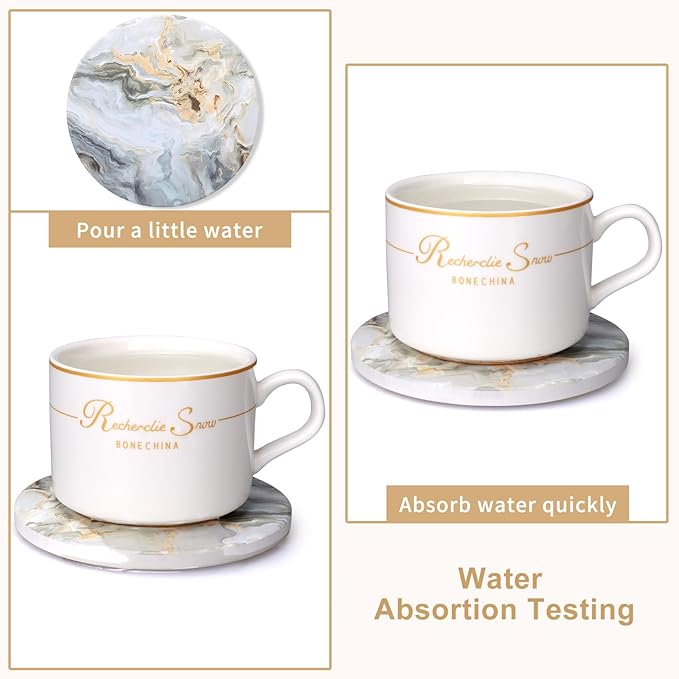 6 Pcs Grey Abstract Ceramic Coasters with Holder: 6 Round Modern Drink Coasters, Absorbent, Non-Slip, Gold Metal Holder