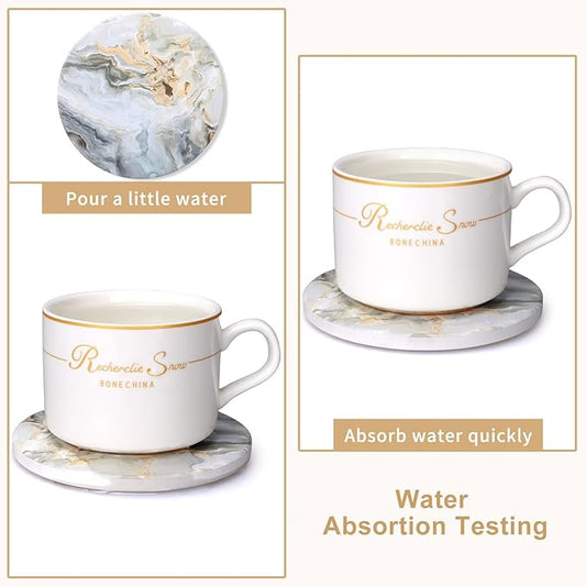 6 Pcs Grey Abstract Ceramic Coasters with Holder: 6 Round Modern Drink Coasters, Absorbent, Non-Slip, Gold Metal Holder