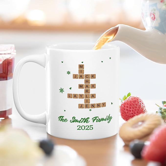 Joymade Personalized Ceramic Coffee Mug, Funny Custom Mug for Bestie, Friends, Couple, Coworker, Snowman Lovers (Family Name Scrabble Christmas)
