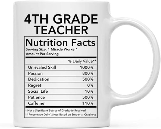 Andaz Press Funny 11oz. Ceramic Coffee Tea Mug Thank You Gift, 4th Grade Teacher Nutritional Facts, 1-Pack, Novelty Gag Birthday Christmas Gift Ideas Coworker