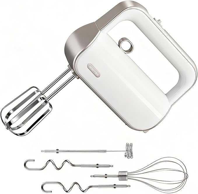 warran Master 5-Speed Electric Hand Mixer with Turbo Boost, Stainless Steel Whisk, Beaters, Dough Hooks & Milk Frother, Lightweight Handheld Mixer for Baking & Coffee, Champagne Gold