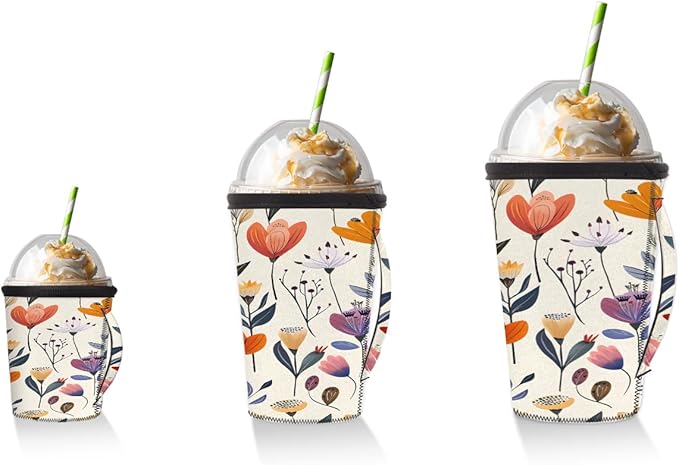 Reusable Iced Coffee Cup Sleeve Flowers Summer Neoprene Insulated Sleeves Cup Holder with handle Idea for 16oz - 18oz