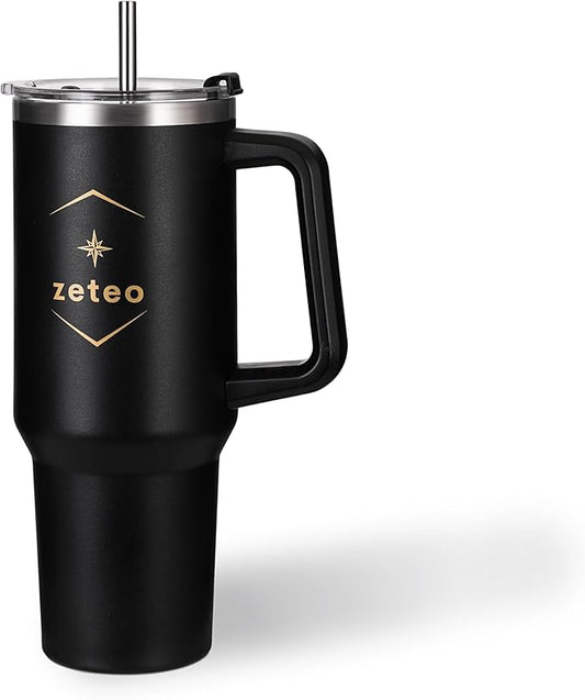 ZETEO 40 oz Tumbler with Handle and Straw – Stainless Steel Vacuum Insulated Travel Mug with Lid – BPA-Free, Reusable, Fits in Cup Holder