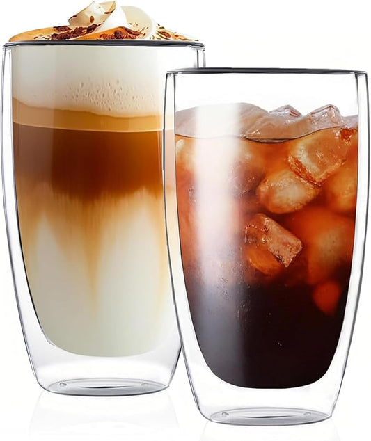 17oz Double Wall Glass Coffee Mugs Set of 8, Insulated Coffee Mug, Clear Borosilicate Glass Coffee Cups for Cappuccino, Tea, Lightweight and Microwave Safe