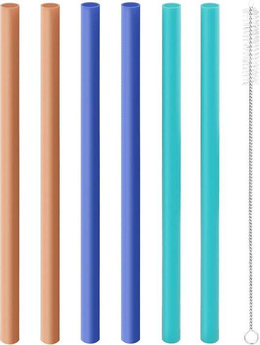 Joshey 6PCS Replacement Straws for Owala FreeSip 24oz & 32oz Water Bottles - Reusable Plastic Straws with 1 Cleaning Brush, Travel Tumbler Accessories Parts - 3 Colors (Brown, Royal-Blue, Green)