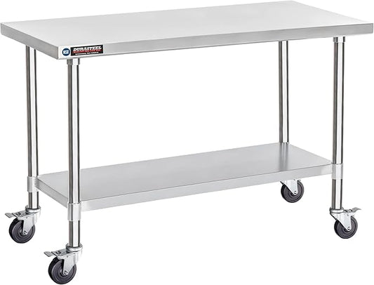 DuraSteel 30x60 NSF Stainless Steel Cart - Heavy Duty Food Prep Table with Undershelf - Rolling Kitchen Island on Wheels for Commercial Restaurant Kitchen, Garage, Outdoor Cooking, BBQ Grill, Counter