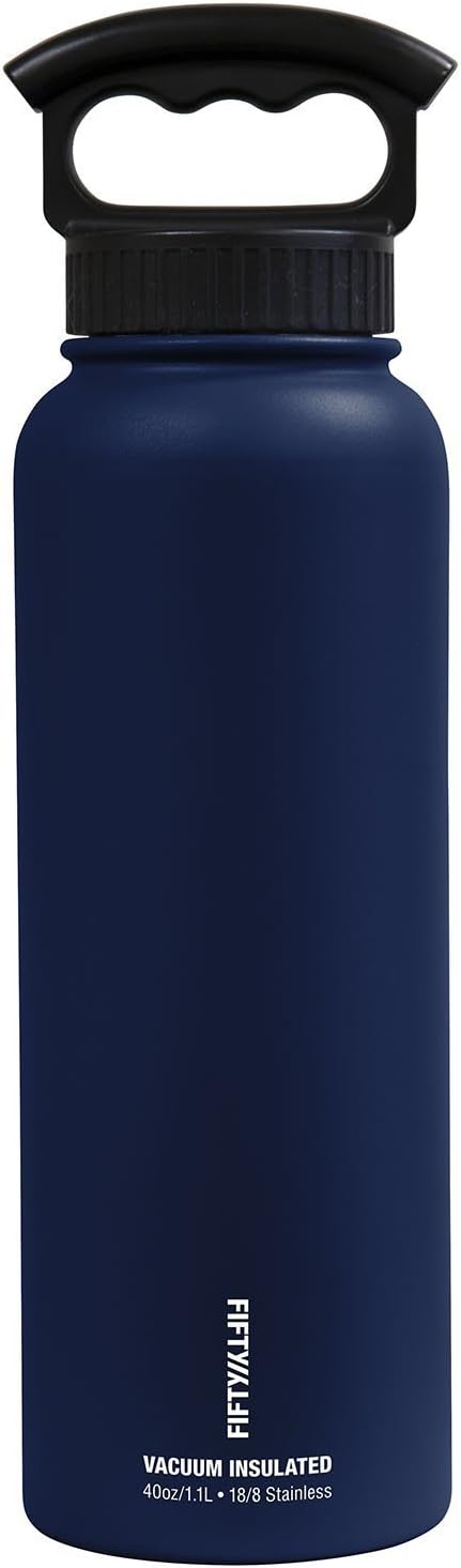 FIFTY/FIFTY Double Wall Vacuum Insulated Water Bottle, Stainless Steel, Wide Mouth with Three Finger Cap