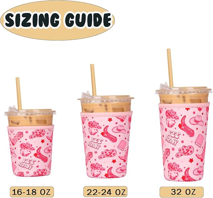 Reusable Insulated Neoprene Iced Coffee Cup Sleeve, Durable Drink Sleeve for Cold Beverages, Beverage Holder for Iced Coffee, Pink Cowgirl