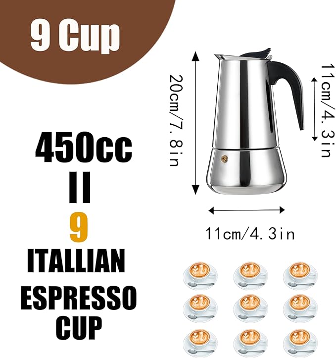 DITOSH 9 Cup Stovetop Espresso Maker Stainless Steel Moka Pot Stove Top Percolator Italian Coffee Makers Capable Mocha Greca Machine Cafe Classic Induction Cookers for Home and Camping 450ml 15oz