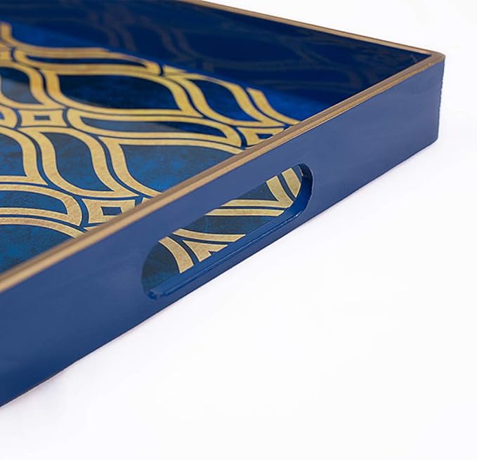 MAONAME Blue Decorative Tray with Handles, Plastic Serving Tray for Coffee Table, Marbling Rectangular Tray for Ottoman, Bathroom, Storage, 15.7" Lx 10.2" W X 1.57" H