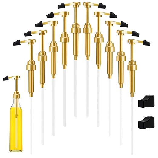 Ferrochef 10 Pcs Coffee Syrup Pumps with Tip Covers, Compatible with Monin 750ml Glass Bottles, 1/4 oz Dispensing Pump for Coffee Bar, Latte, Cocktail, Drink Flavoring(Gold)