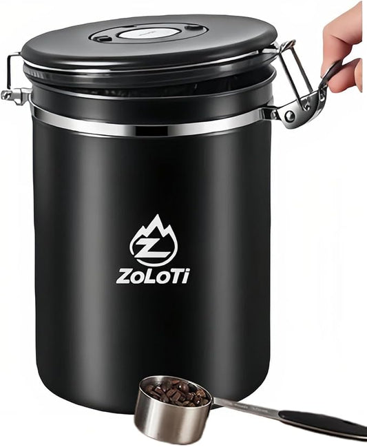 Coffee Airtight Canister, 60 fl oz Black Stainless Steel, Pantry & Storage for Coffee Beans, Rice, Tea, Sugar, Cereal, Flour
