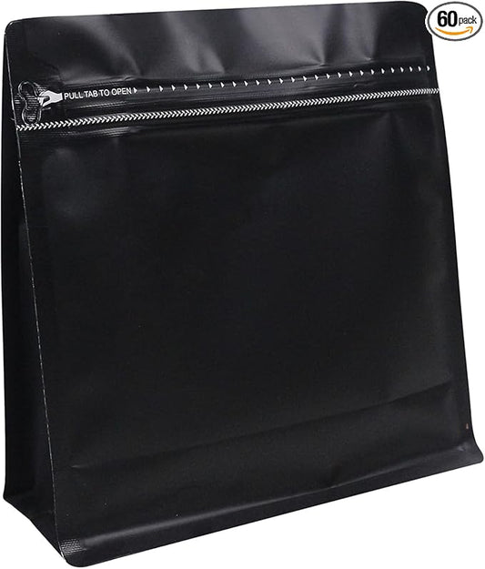 60 Pack High Barrier Stand-Up Coffee Bean Bags with Vented Valve Matte Metallic Heat-Sealable & Resealable Solid Color Pouches (Square,7.7 * 8 inch,1 lb,Black)