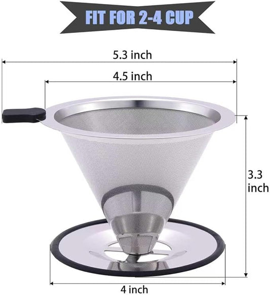 Pour Over Coffee Filter Dripper, Stainless Steel Metal Cone Drip Coffee Filter, Paperless and Permanently Reusable, Double Mesh Coffee,Tea Filter for 2-4 Cups