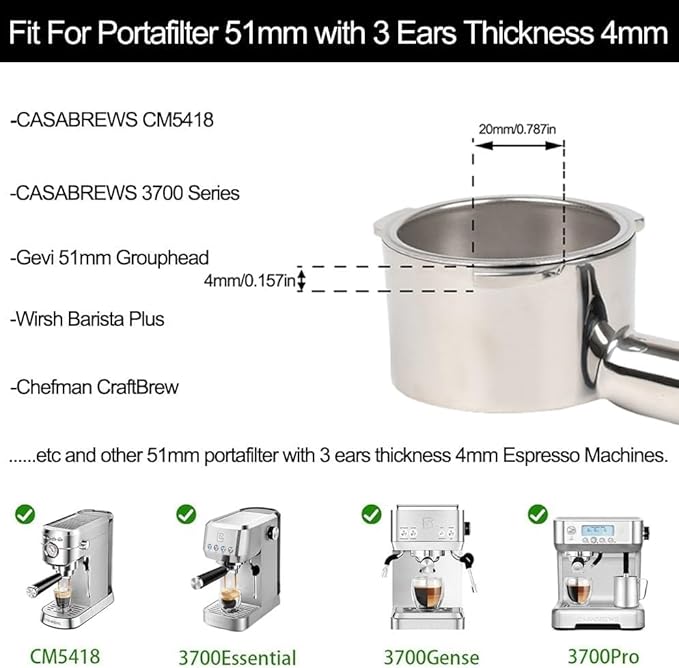 51mm Bottomless Portafilter Compatible with CASABREWS CM5418, 3700Essential, Mr. Coffee Espresso and Cappuccino Machine, Wirsh, Gevi Espresso | 51mm portafilter 3 ears with Prongs Thickness 4mm