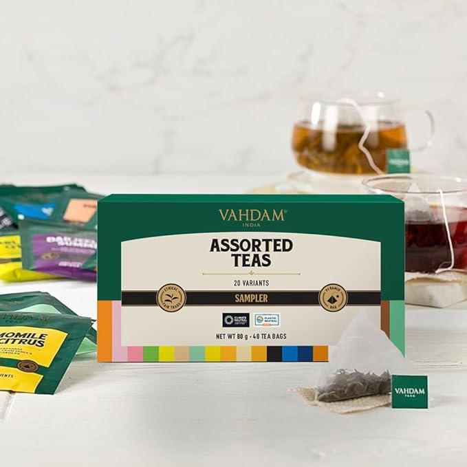 VAHDAM, Assorted Tea Sampler (20 Delicious Variety, 40 Individually Wrapped Pyramid Tea Bags) Long Leaf Premium Teas I Tea Gift Set I Valentines Day Gifts Ideas for Tea Lovers