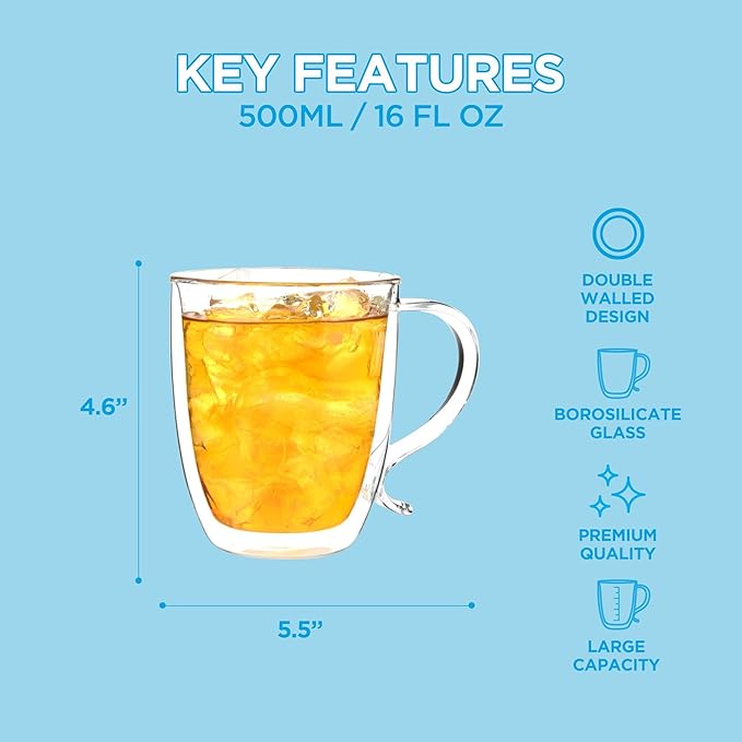 GROSCHE Cyprus 16 fl. oz Double-Wall Glass Mug | Espresso, Latte, Tea & More | Hot & Cold Beverages | Stylish & Aesthetic | Dishwasher Safe | Heatproof | Drinking Glassware