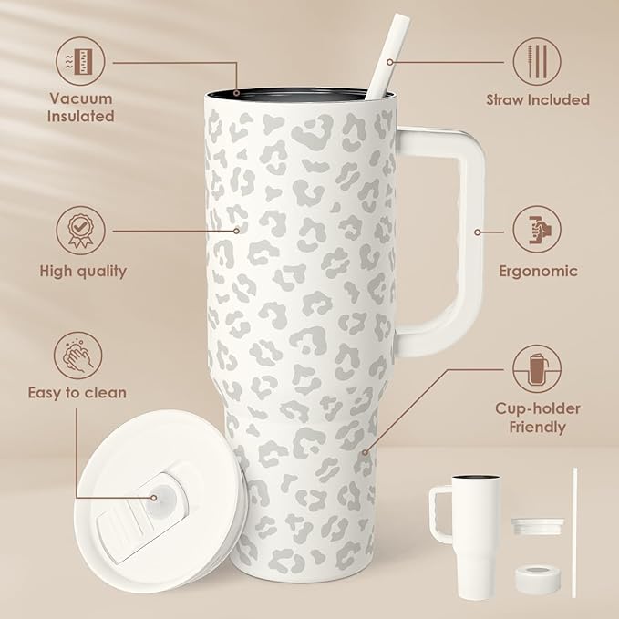 Leopard Tumbler with Handle, Insulated Cup Stainless Steel Travel Mug Cup, Gifts for Women Girl on Birthday Christmas, Cream Leopard, 40oz