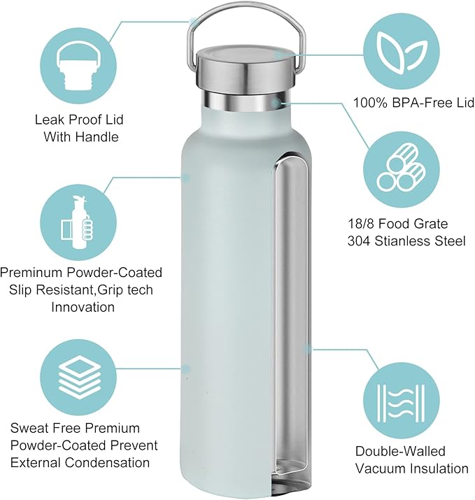 Neihepal 20 oz Insulated Water Bottles,Stainless Steel Double Wall Sport Bottle with Lid of Handle (8, Fog)