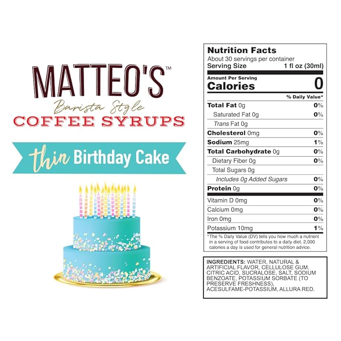 Matteo's Birthday Cake Syrup for Coffee, Lattes, Cappuccinos & Desserts – Sugar-Free Sweetener for Beverages, Keto Friendly, Zero Calories, Indulgent Flavor, Non-Alcoholic, 33.8oz (6pk)