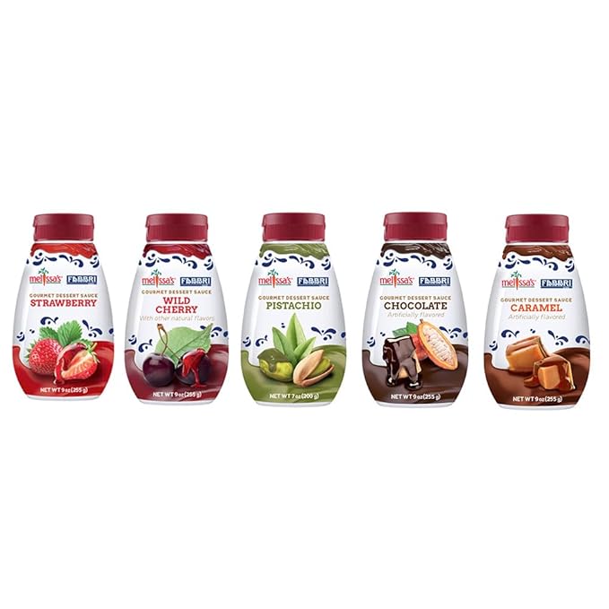 Fabbri Gourmet Dessert Sauces, Variety Pack of Strawberry, Wild Cherry, Pistachio, Chocolate, and Caramel flavors, Flavoring sauce for Ice Cream, Desserts and hot and cold Beverages, Made in Italy, 7.9oz bottles
