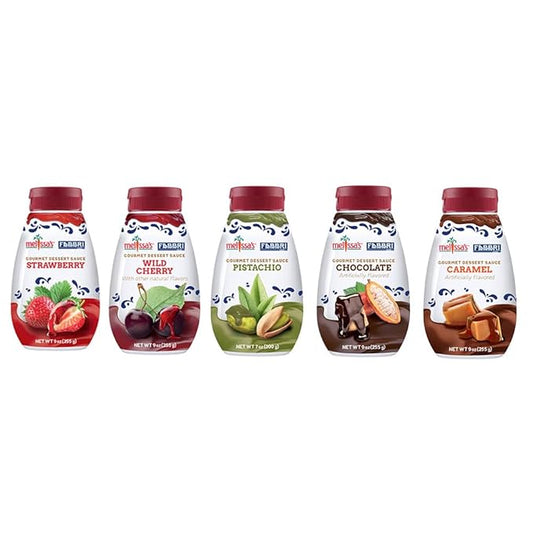 Fabbri Gourmet Dessert Sauces, Variety Pack of Strawberry, Wild Cherry, Pistachio, Chocolate, and Caramel flavors, Flavoring sauce for Ice Cream, Desserts and hot and cold Beverages, Made in Italy, 7.9oz bottles