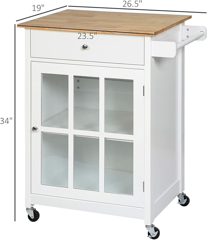 HOMCOM 27" Rolling Kitchen Island Cart with Drawer and Glass Door Cabinet, Kitchen Trolley with Adjustable Shelf and Towel Rack, White