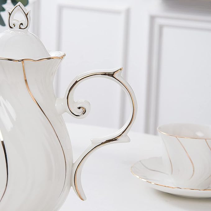 tea pot ceramic with lid, 38.8 Oz for Tea, Milk, Coffee, Flower tea(White with gold thread)