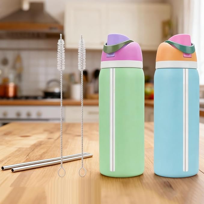 Stainless Steel Straw Set Compatible with Owala 24 oz 32 oz Water Bottle, 4 Piece Replacement Metal Straws With 2 Straw Cleaner
