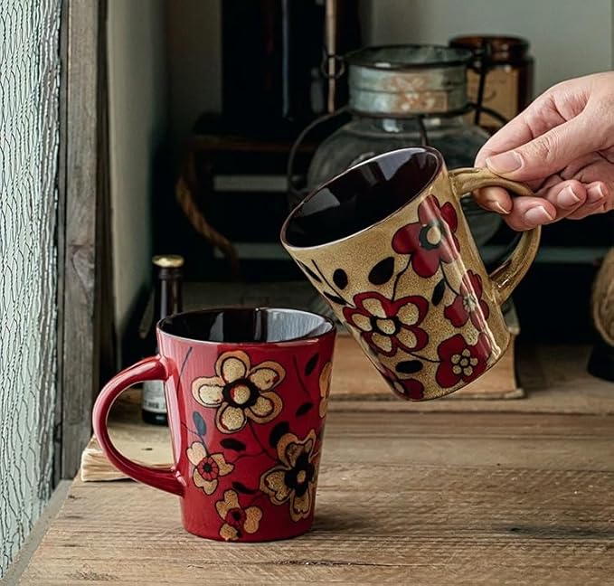 Coffee Mugs 12 oz with Spoon and Lid, Novelty Ceramic Coffee Cups for Latte, Hot Tea, Cappuccino, Mocha, Cocoa, Farmhouse Housewarming Wedding Present Christmas Mug Set - Set of 1 Flower Khaki 11.6oz
