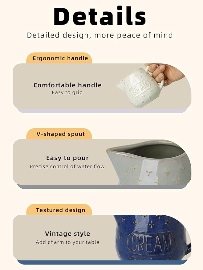 Creamer Pitcher,10 OZ Ceramic Creamer Pitcher with Handle for Milk, Sauces, Salad, Coffee, Farmhouse Kitchen Decor, Microwave & Freezer Safe (Vintage Grey)