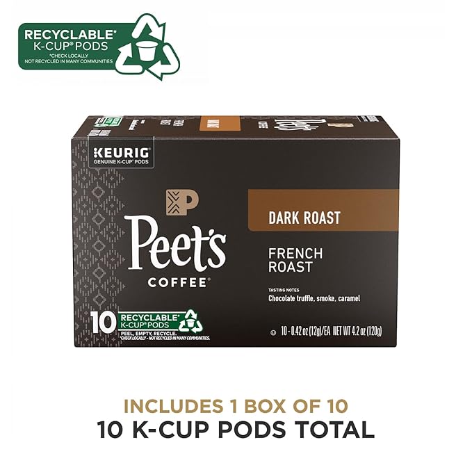 Peet's Coffee, Dark Roast Keurig K-Cup Pods, 100% Arabica Coffee - French Roast 10 Count (1 Box of 10 Pods)