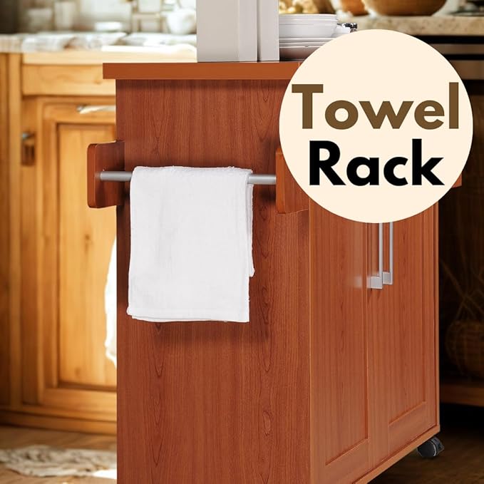 Hodedah Rolling Wood Kitchen Island Cart with Spice Rack, Towel Rack, Utensil Drawer plus Cabinet, White with Beech Top