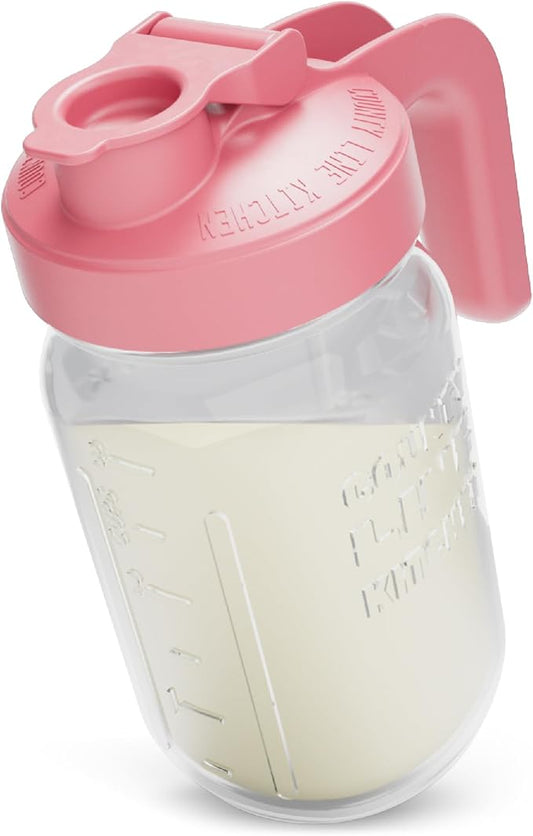 County Line Kitchen Glass Breast Milk Pitcher with Lid - Wide Mouth, 1 Quart (32 oz) - Heavy Duty, Leak Proof - Sun & Iced Tea Pitcher, Cold Brew Coffee, Breast Milk Storage, Water - Pink