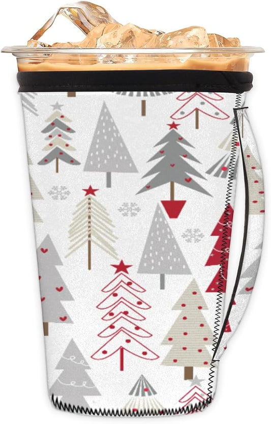 Christmas Reusable Coffee Sleeves Iced Coffee Cozy Insulator,Christmas Tree Neoprene Holder with Handle for Cold Coffee or Ice Drink, Medium