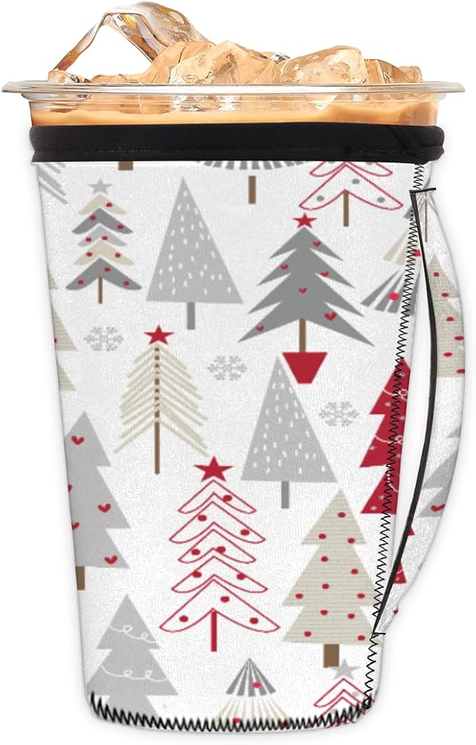 Christmas Reusable Coffee Sleeves Iced Coffee Cozy Insulator,Christmas Tree Neoprene Holder with Handle for Cold Coffee or Ice Drink, Large