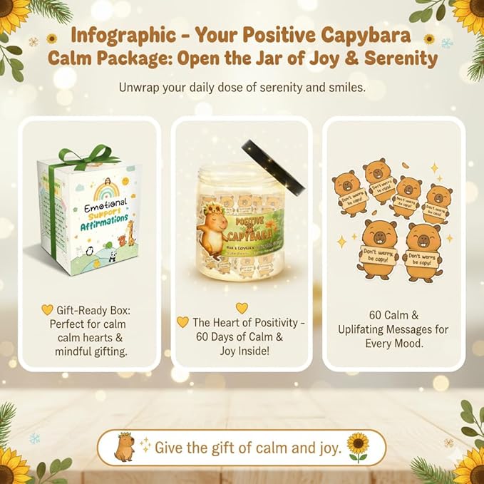 Positive Capybara Jar with 60 Affirmation Cards, Emotional Support Gift, Funny Mental Health, Capybara Birthday Gift, Inspirational for Teen Boys and Women, Cute Funny Office Decor