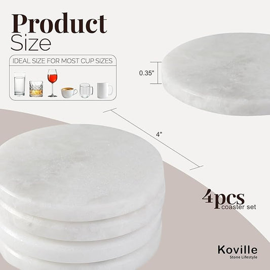 Koville Marble Coaster Set of 4, Round White Coasters, 4" Cup Coasters for Drinks, Heat Resistant Coaster for Coffee Table Home Office Bar Decor(Namib Fantasy)