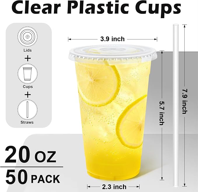 Lamosi 50 Pack 20 oz Clear Plastic Cups with Lids and Straws, Disposable Plastic Coffee Cups with Lids for Iced Coffee, Cold Beverages, Smoothies and To-Go Drinks