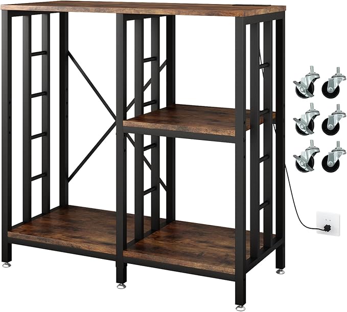 Adjustable Kitchen Bakers Rack with Power Outlet,4-Tier Microwave Stand Kitchen Cart,Mini Fridge Stand with Storage,Bar Cabinet,Suitable for Office,Coffee Bar,Living Room,Patio,Rustic Brown