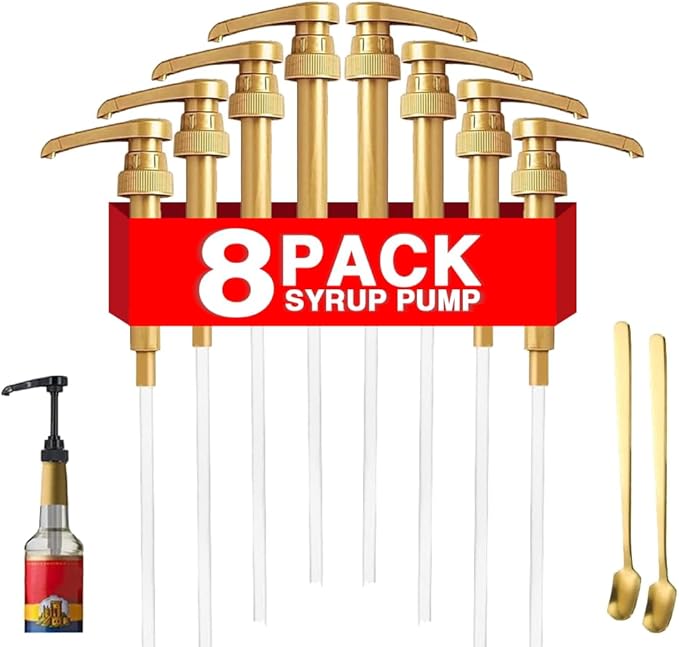 DupakSYS Premium 8 Packs Coffee Syrup Pump Dispenser, Fits 25.4 Oz/750ml Coffee Flavoring Syrup Bottles, No Dripping, Great for Home & Coffee Bar Drinking Mixes,Tea,Beverage,Plus Spoons(Gold,5.23")
