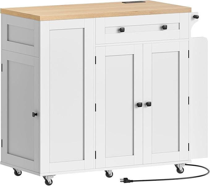 Kitchen Island with Storage, Mobile Rolling Cart with Trash Can Storage, Kitchen Island on Wheels, Rolling Island Table with Charging Station, Paper Holder, for Kitchen, White ZD02UWN