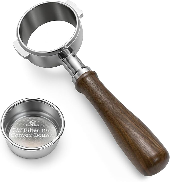 Espresso Accessories, 58mm Bottomless Portafilter with 18g Convex Filter Basket (715 Holes), Walnut Wood Handle, Compatible with La Marzocco, Slayer, Rocket Espresso, Lelit & E61 Machines