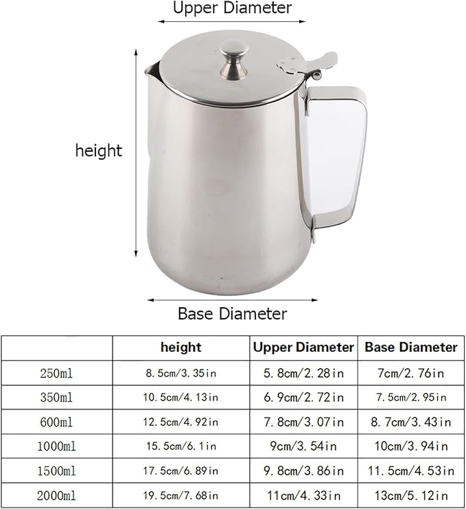 Stainless Steel Pitcher with Lid, 600ml Stainless Steel Milk Frothing Pitcher Coffee Latte Frothing Art Jug Pitcher Mug Cup for Latte Coffee Art for Office Kitchen