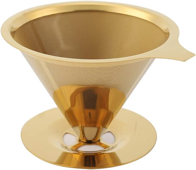 Pwshymi Stainless Steel Coffee Dripper, Gold Pour Over Coffee Filter with Double Mesh and Silicone Base, for Home Office Travel Camping