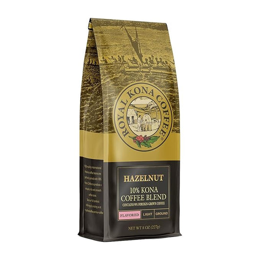 Royal Kona 10% Kona Coffee Blend, Hazelnut Flavored Light-Roast Ground Coffee, A Taste of Aloha, 8 Ounce