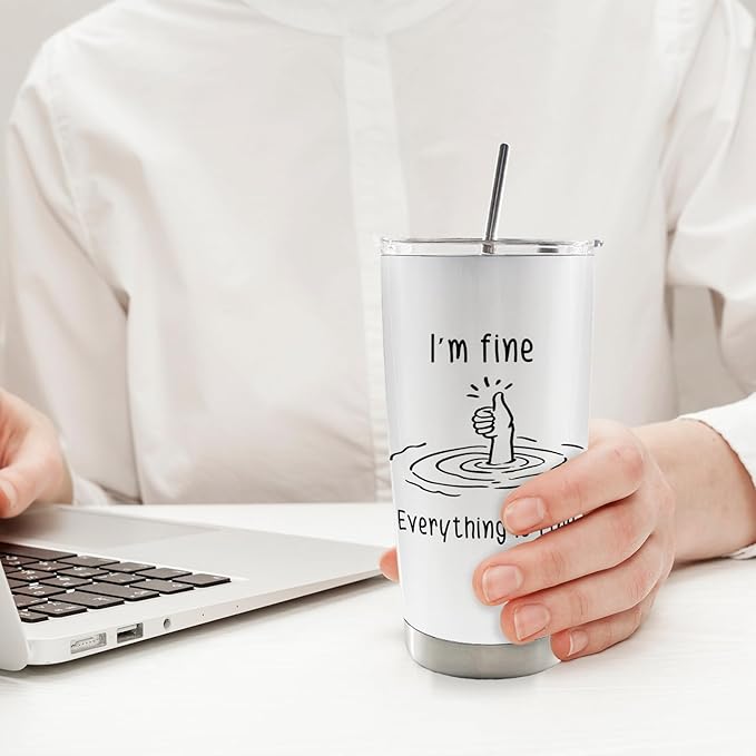 Funny 20oz Travel Coffee Mug Tumbler, I'm Fine Everything Is Fine Funny Humorous Stainless Steel Tumbler with Lid and Straw