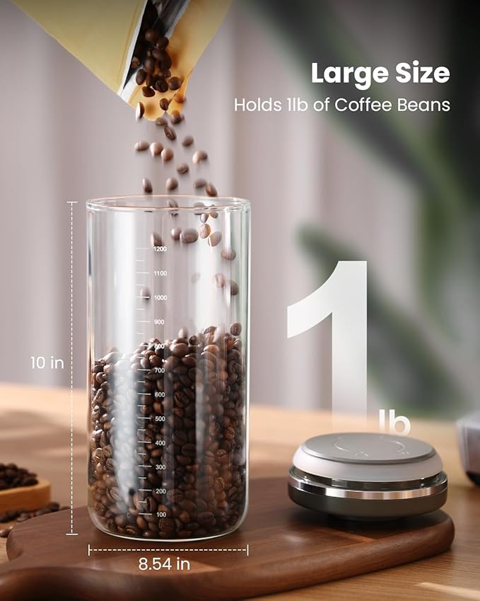 Coffee Canister with Airtight Lid, One-Press Button Borosilicate Glass Coffee Container with PP Silicone Lid, Food Storage Container for Grounds Coffee, 1lb Beans, Flour, Cereal, Sugar