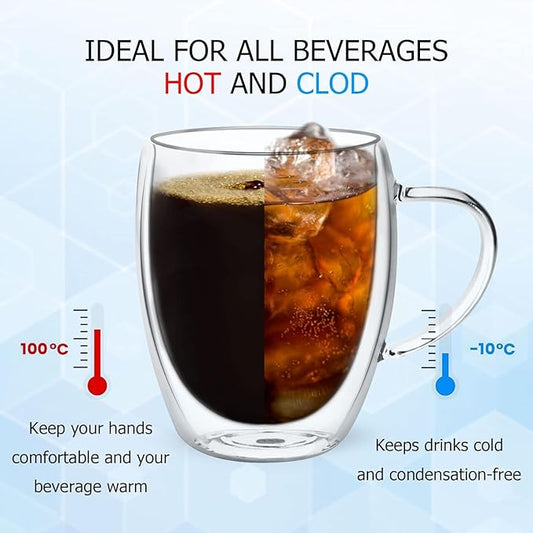 Espresso Cups, Double Wall Glass Coffee Mugs with Handle, Clear Coffee Cups, Cappuccino Lattee Tea Cup, Insulated Glassware for Hot Cold Coffee,4 Pack,12 oz