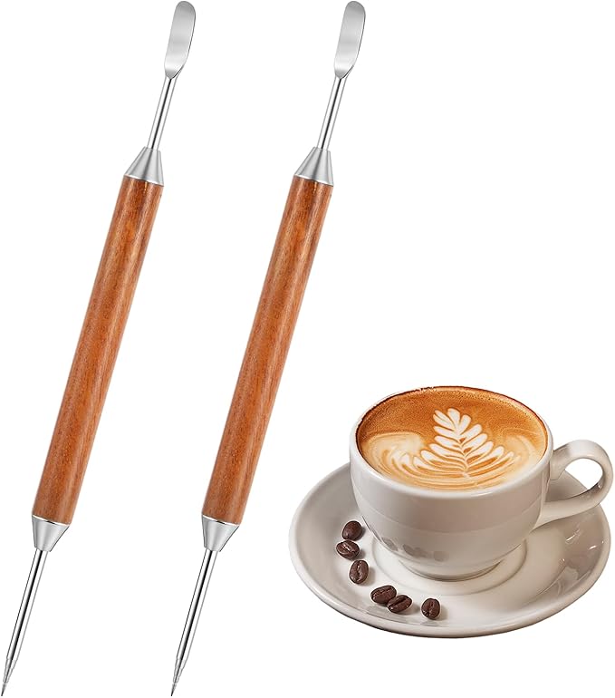 2 Pack Latte Art Pen, Stainless Steel Coffee Drawing Tool with Wood Handle, Barista Tools for Espresso Designs, Home and Cafe Use